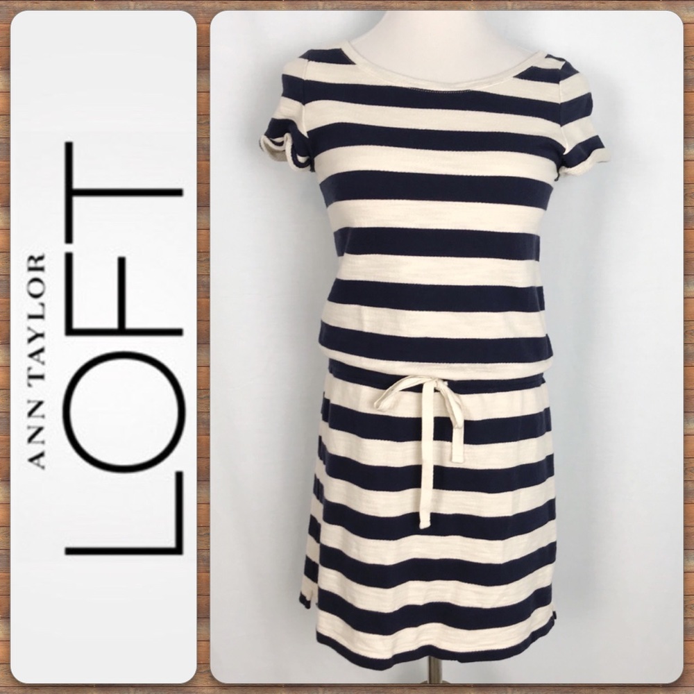 LOFT navy striped dress with drawstring waist - Picture 1 of 8